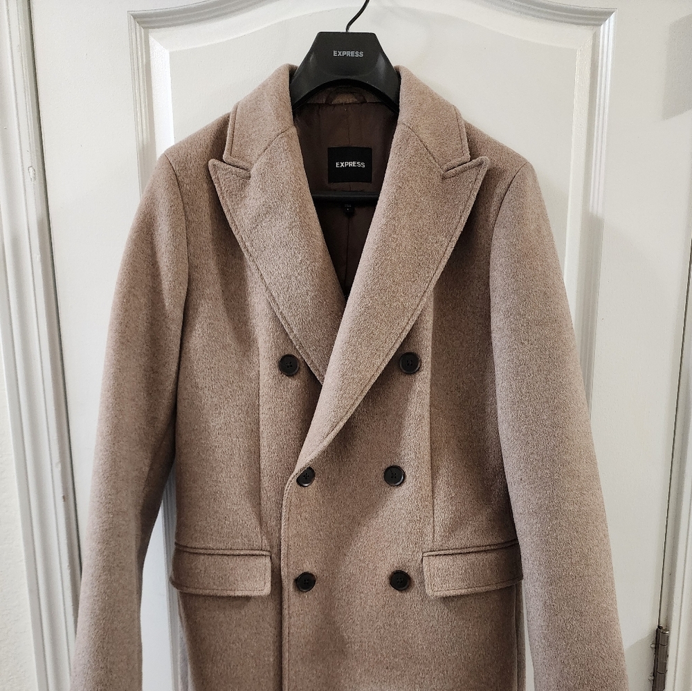 Express Men's Taupe Double Breated Wool Blend Top Coat